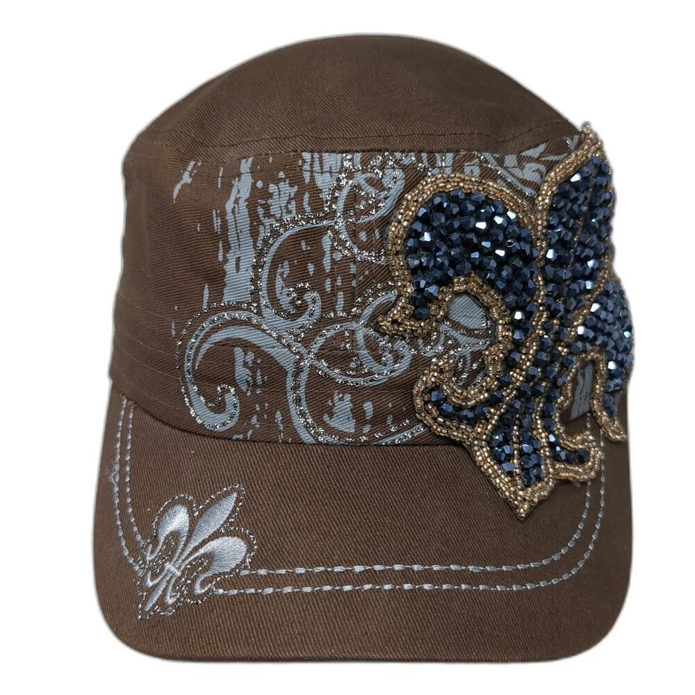Olive & Pique Army Cap Brown OS Beaded Fleur-de-lis Scrollwork Strapback Hat